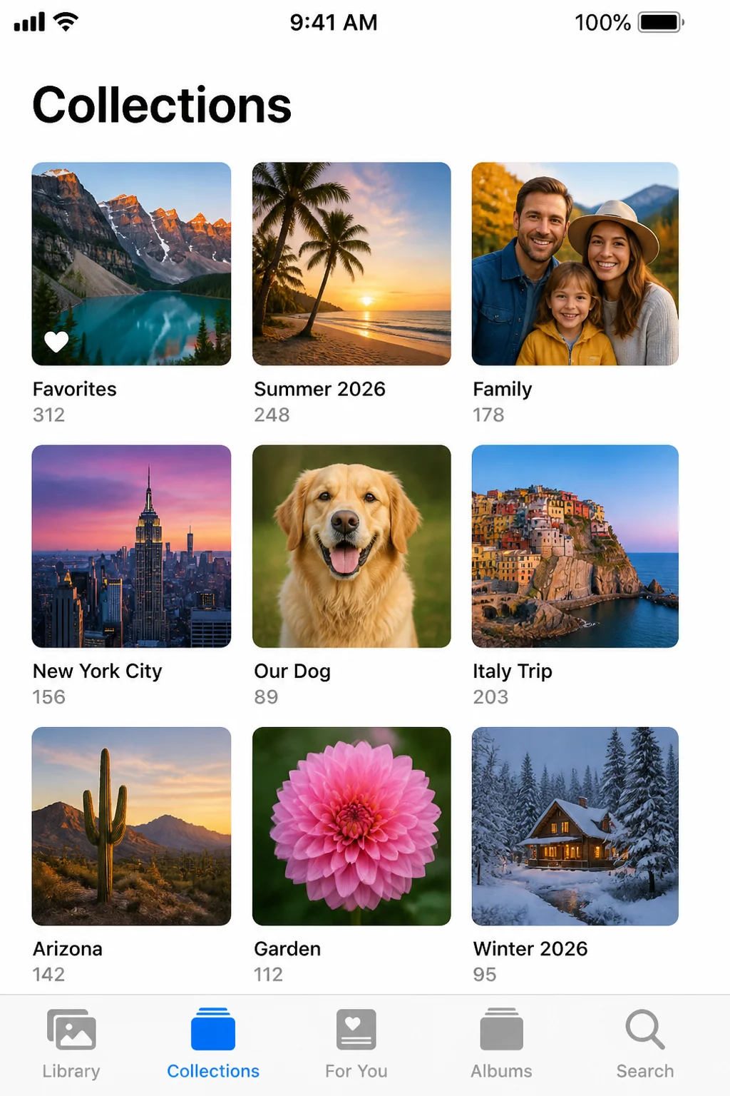 Albums list screen under Collections, showing a grid of user-created albums
