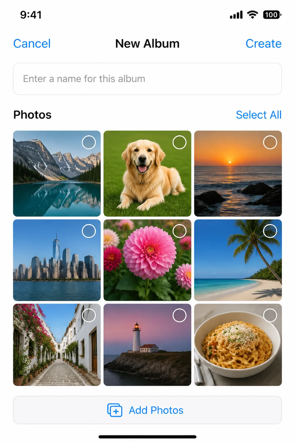 New Album creation screen with the album name field and a grid of photos to select and add