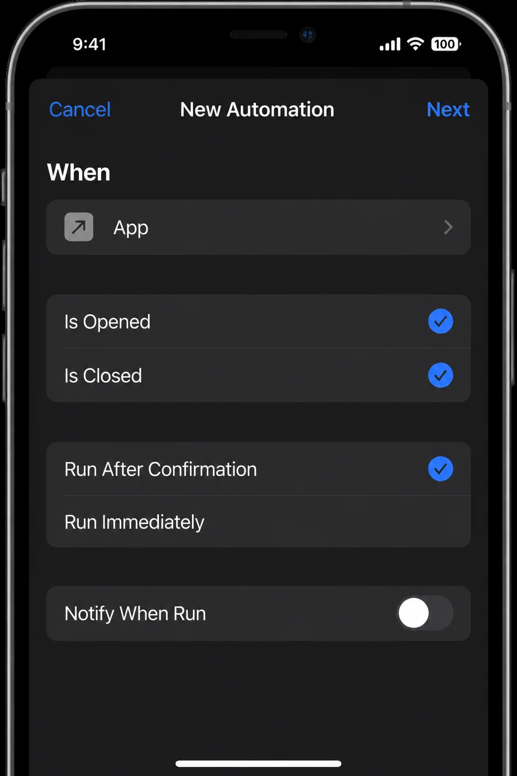 App automation trigger with the app selector and Is Opened condition visible