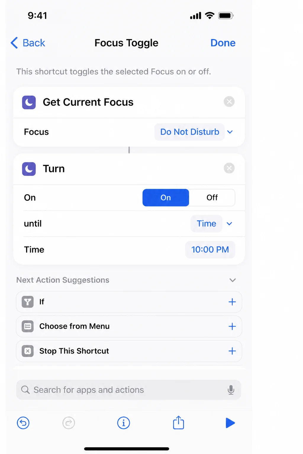 Set Focus action showing the Focus selector and on, off, or duration controls