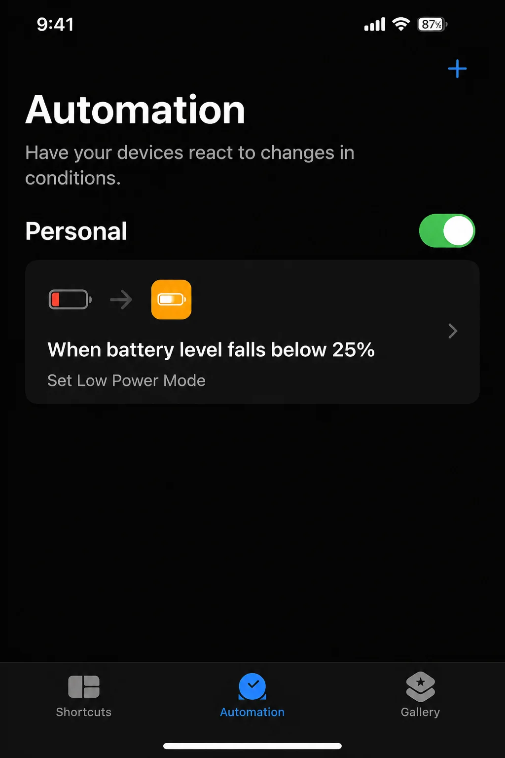 Battery Level trigger showing a 25 percent threshold and Falls Below condition
