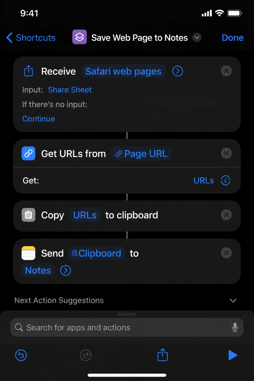Shortcut configured to receive a shared Safari web page and create a Notes entry, with no private note titles or content visible
