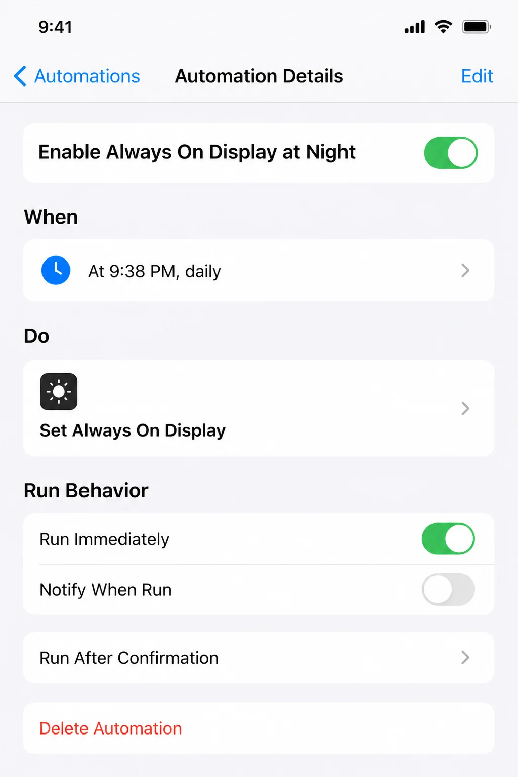 Existing automation details screen with its enabled state, trigger details, actions, and run behavior visible