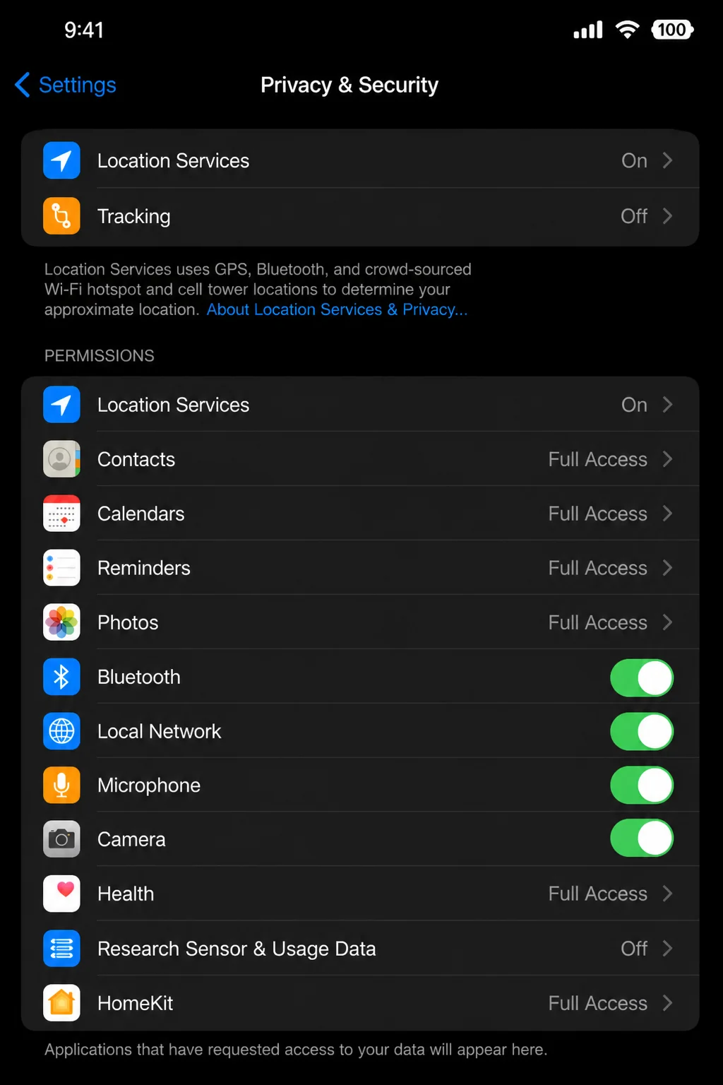 Stable iOS 26 Privacy and Security permission category relevant to Shortcuts, with personal account details hidden