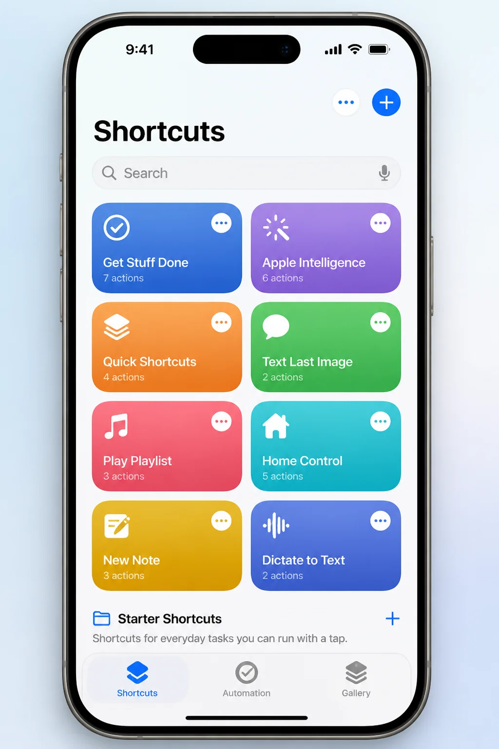 Shortcuts main interface on iOS 26 with the Shortcuts, Automation, and Gallery tabs visible