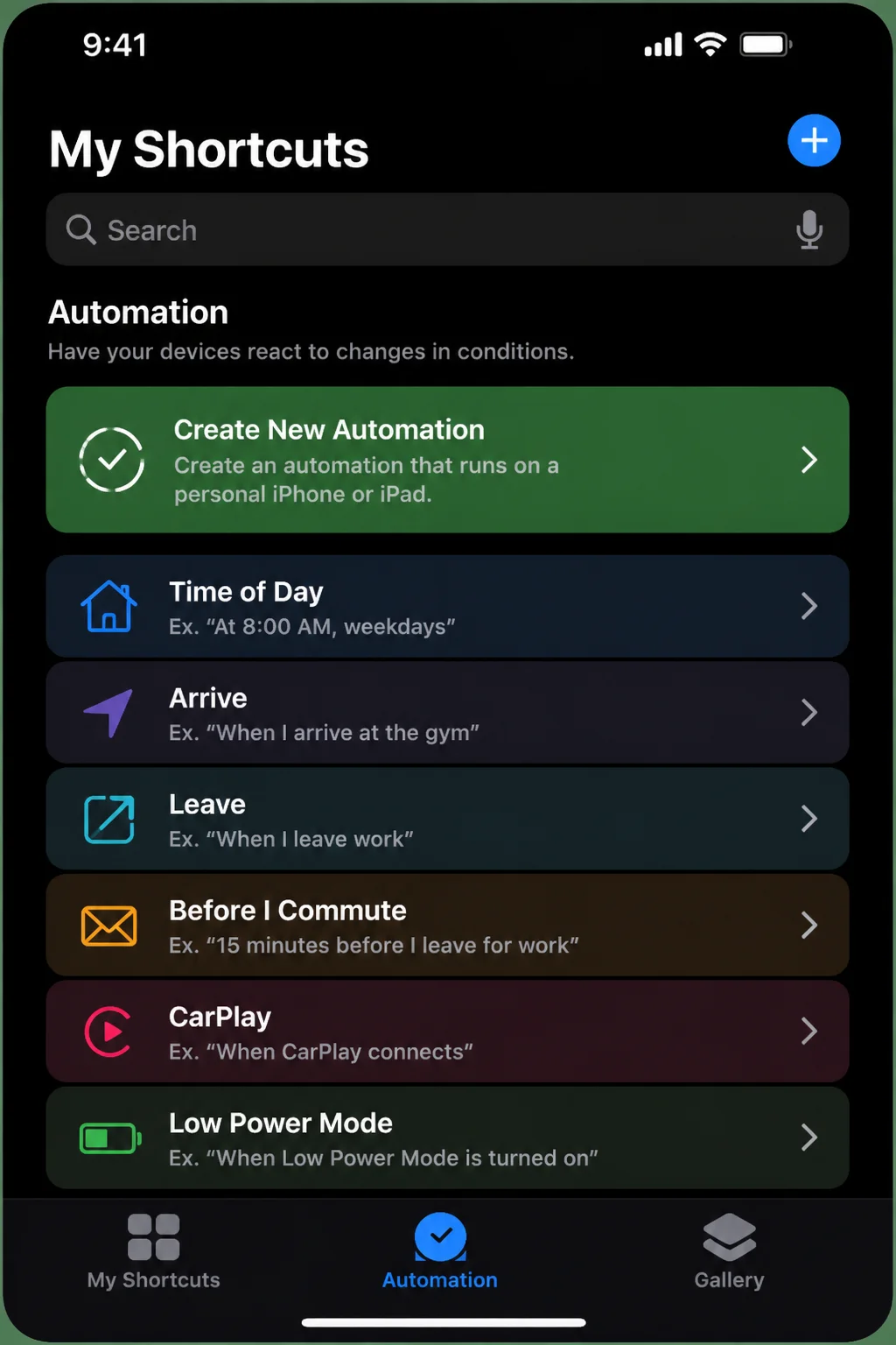 Automation tab on iOS 26 with the create-new control and Automation tab highlighted