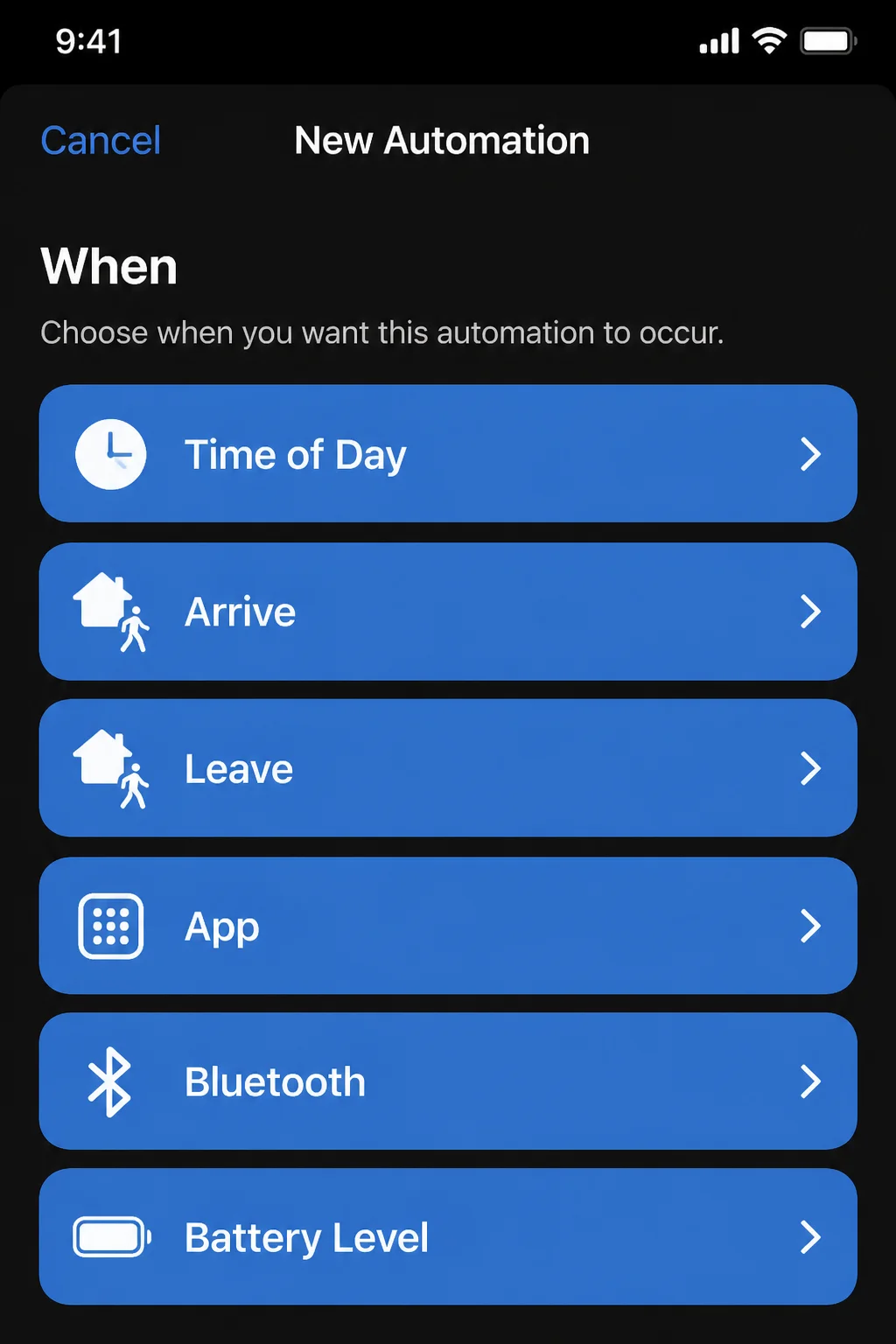 New automation trigger list showing Time of Day, Arrive, Leave, App, Bluetooth, and Battery Level categories