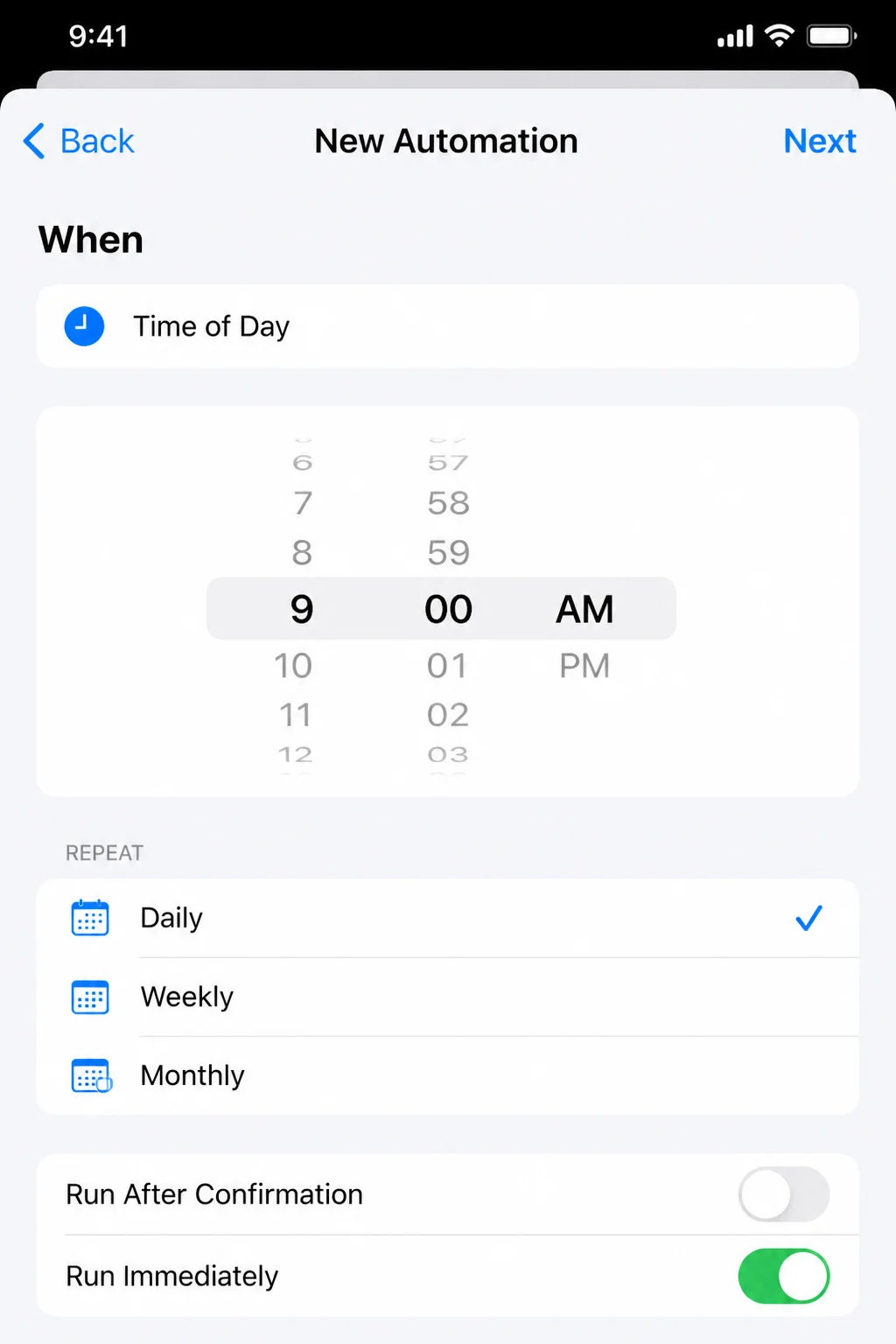 Time of Day trigger configuration with a sample time, Daily repeat option, run behavior controls, and Next button visible
