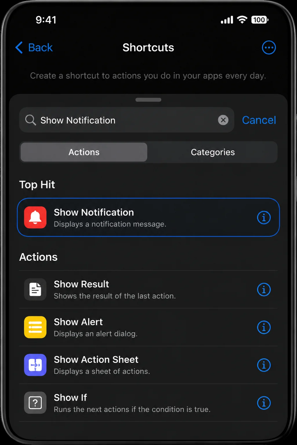 Action picker with Show Notification entered in the search field and the matching action visible