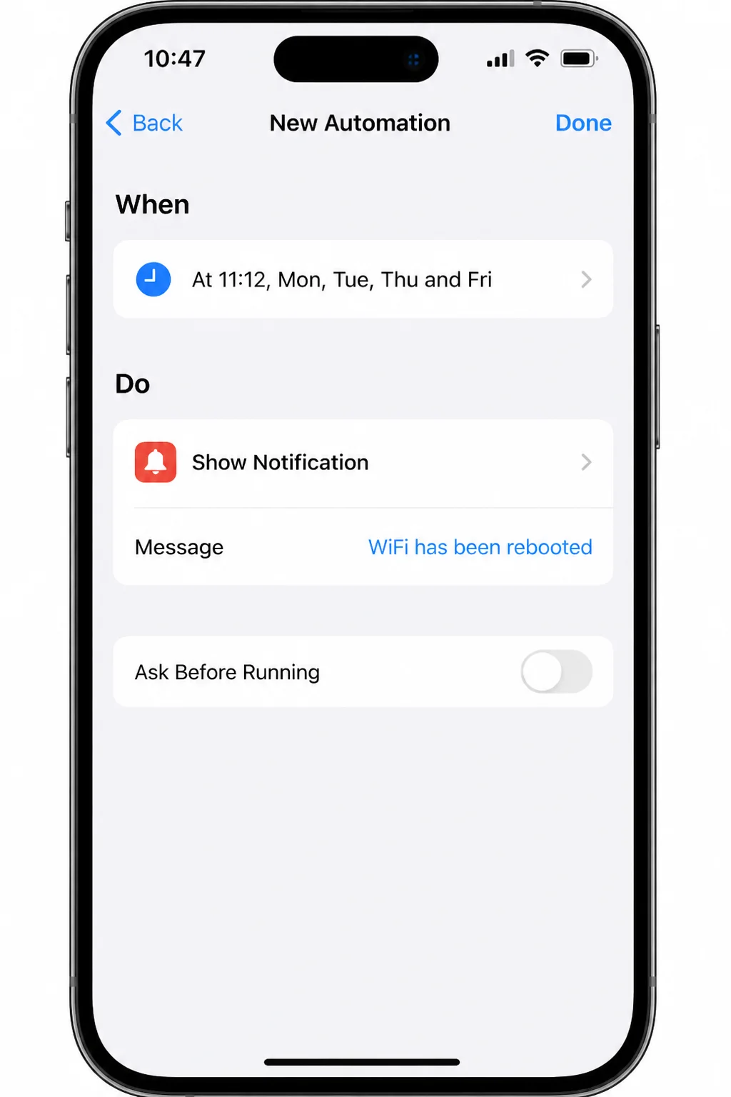 Completed time-based automation showing its trigger, Show Notification action, and Done control before saving