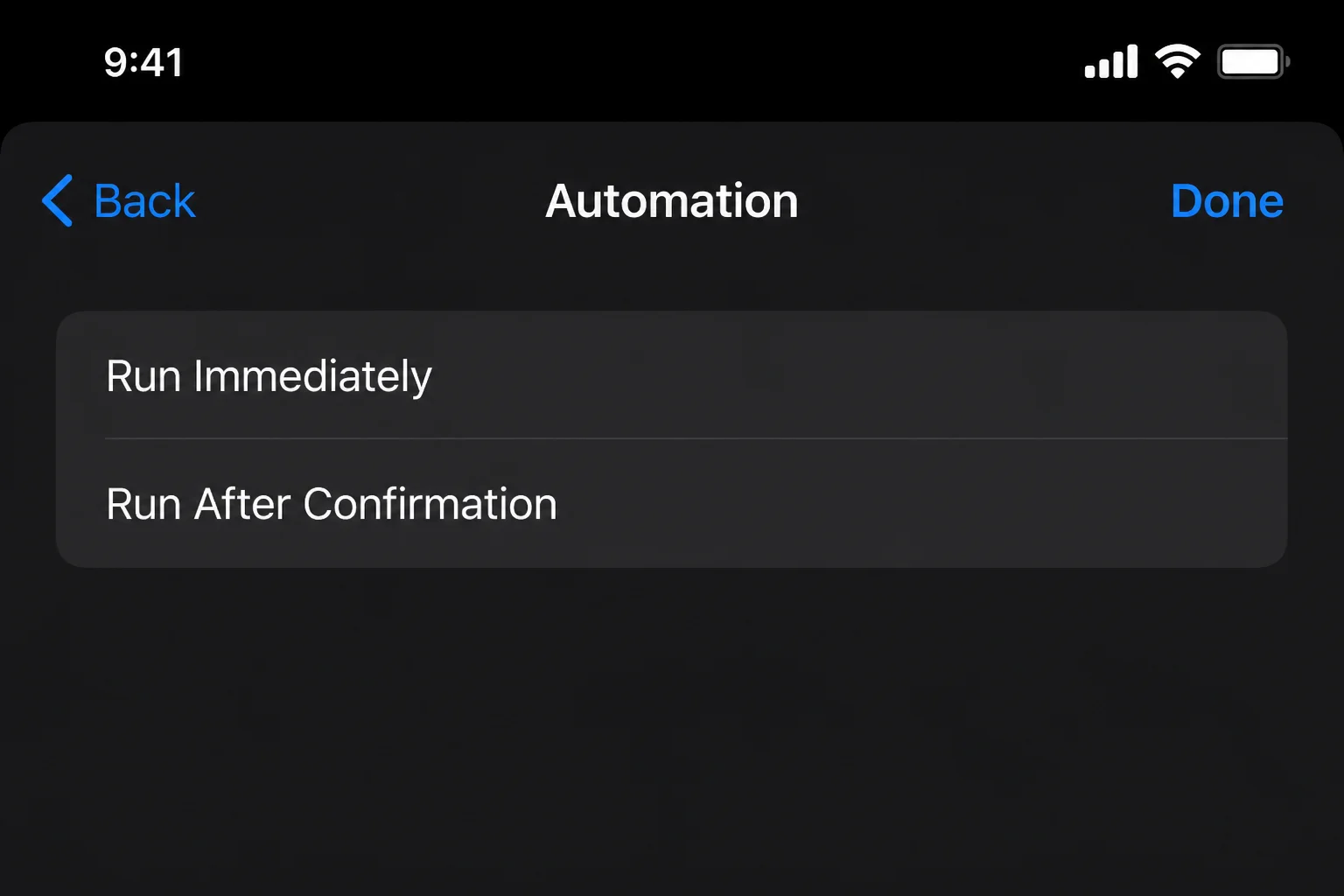 Automation run behavior screen showing immediate and confirmation controls without assuming which one is selected