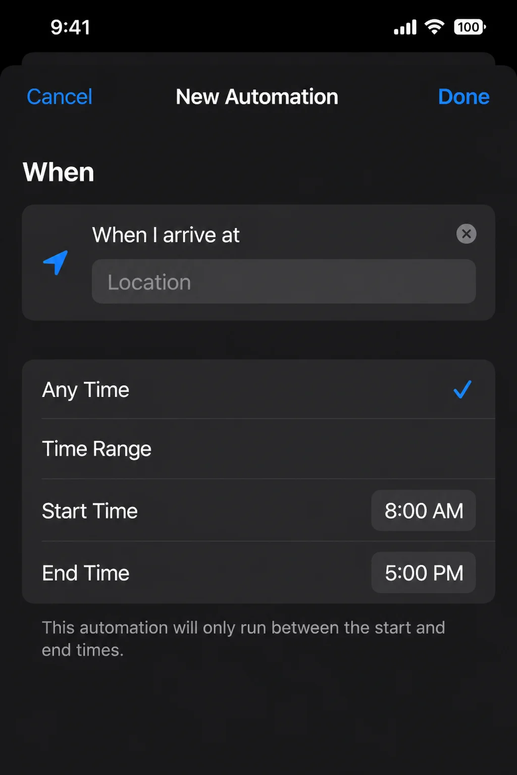 Arrive trigger configuration using a non-sensitive example location with the location field and geographic area controls visible