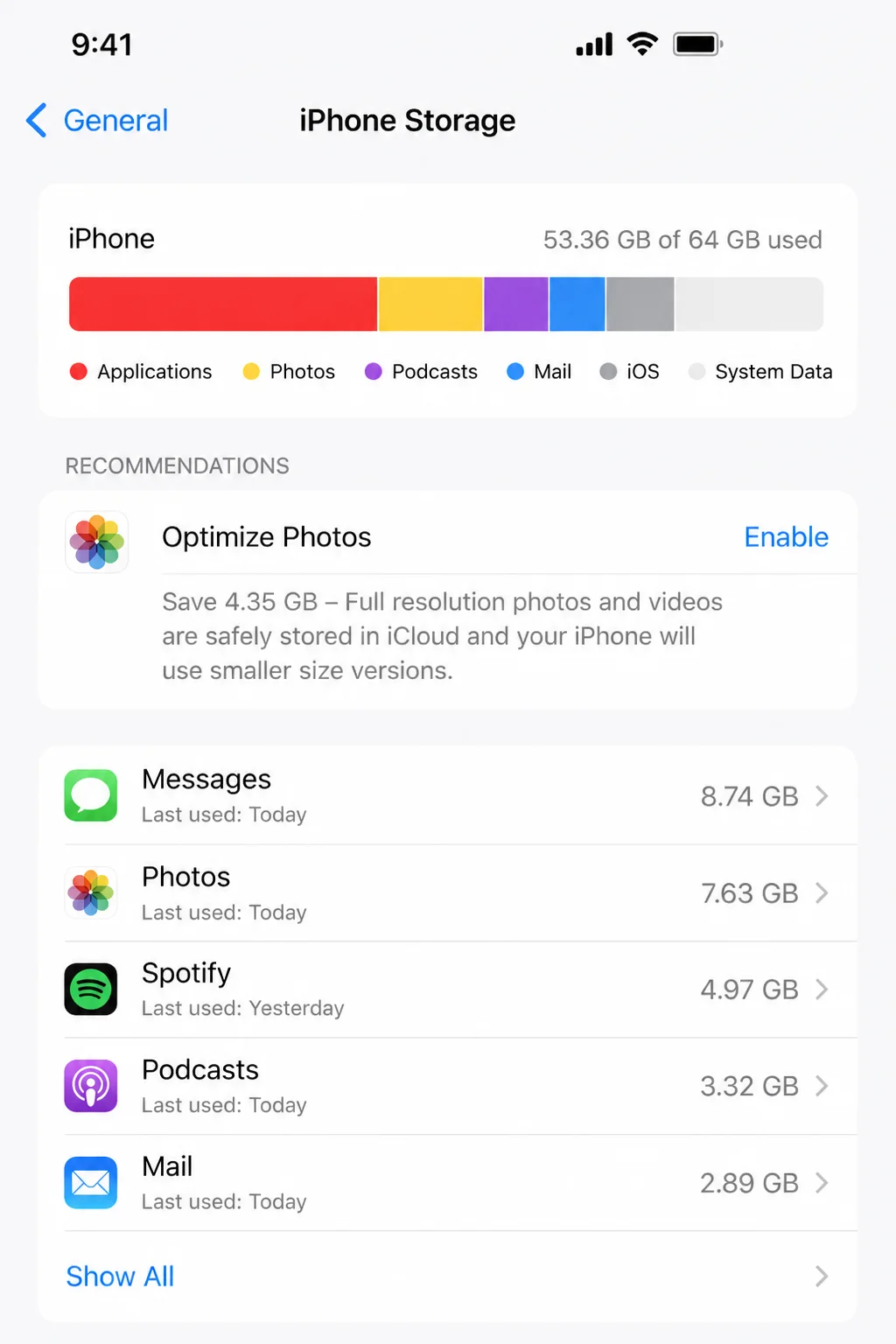 iPhone Storage overview screen in Settings showing the colored storage bar at top and the category list below (Apps, Photos, System Data, Messages) with any Apple recommendations shown above the app list