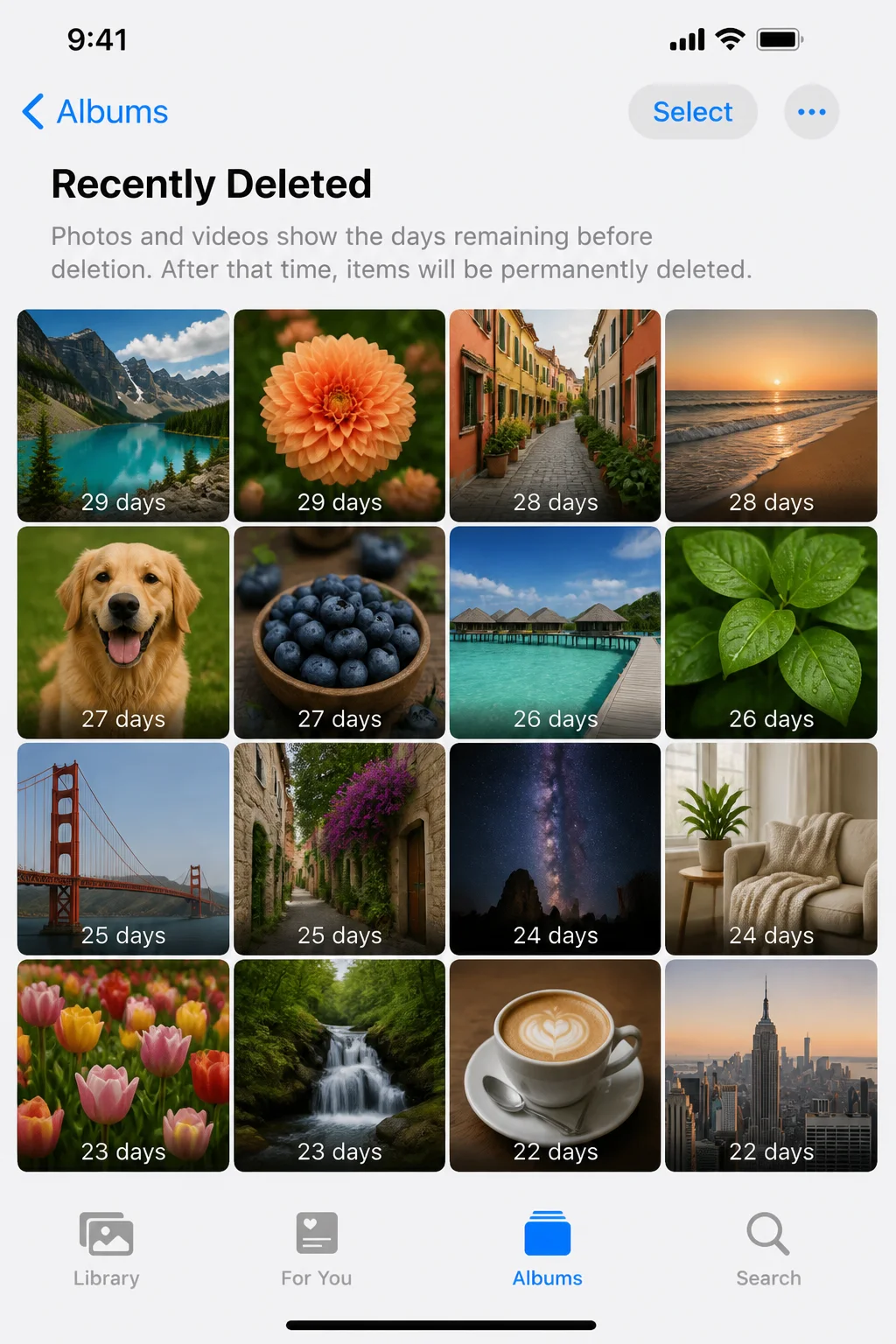 Photos app Recently Deleted album showing thumbnails with days-remaining counters and the Select button in the top right