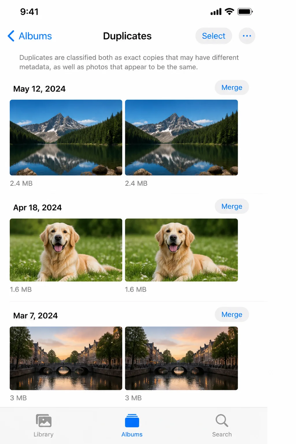 Photos app Duplicates album under Utilities showing pairs of duplicate photos side by side with a Merge button
