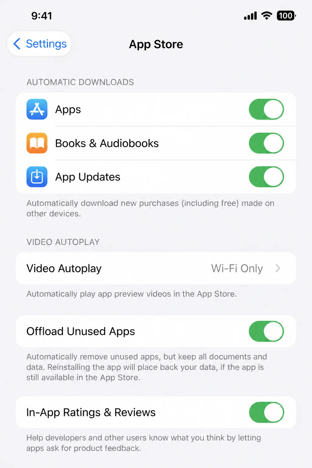 Settings app App Store screen showing the Offload Unused Apps toggle in the on position