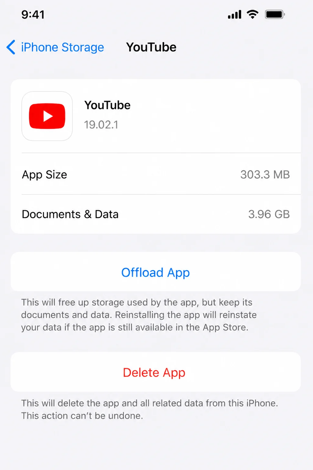 Individual app storage detail screen in iPhone Storage showing app size, Documents and Data size, and the Offload App and Delete App buttons