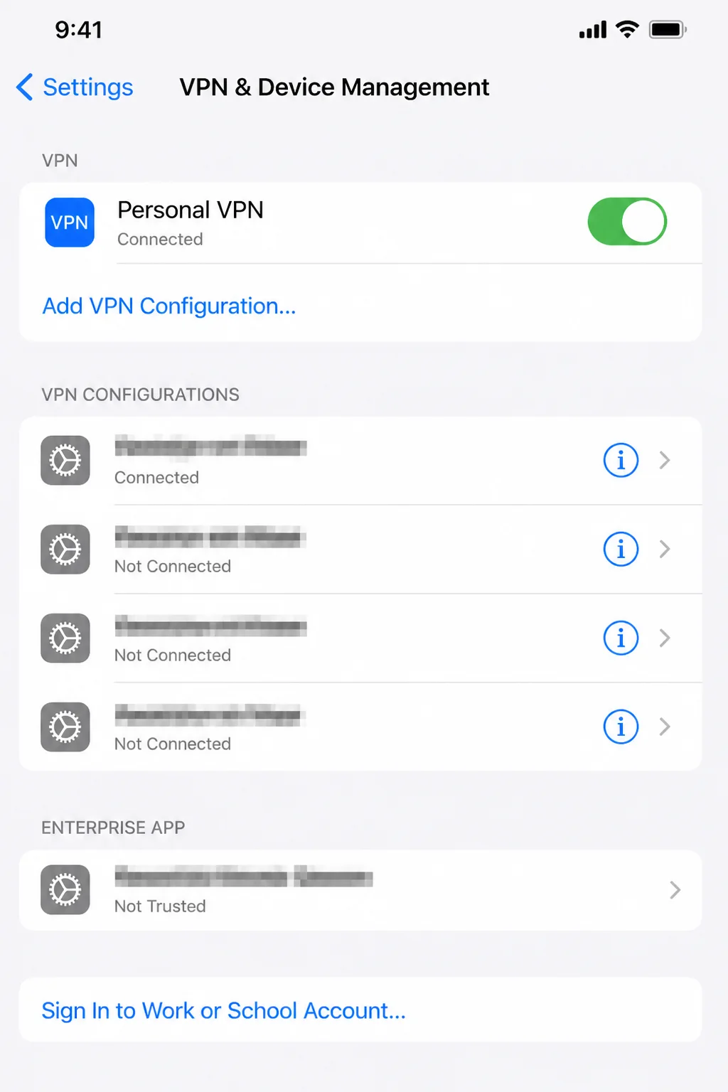 iOS VPN settings showing installed VPN configurations and the information control for the affected profile, with profile names, organization details, and server addresses obscured