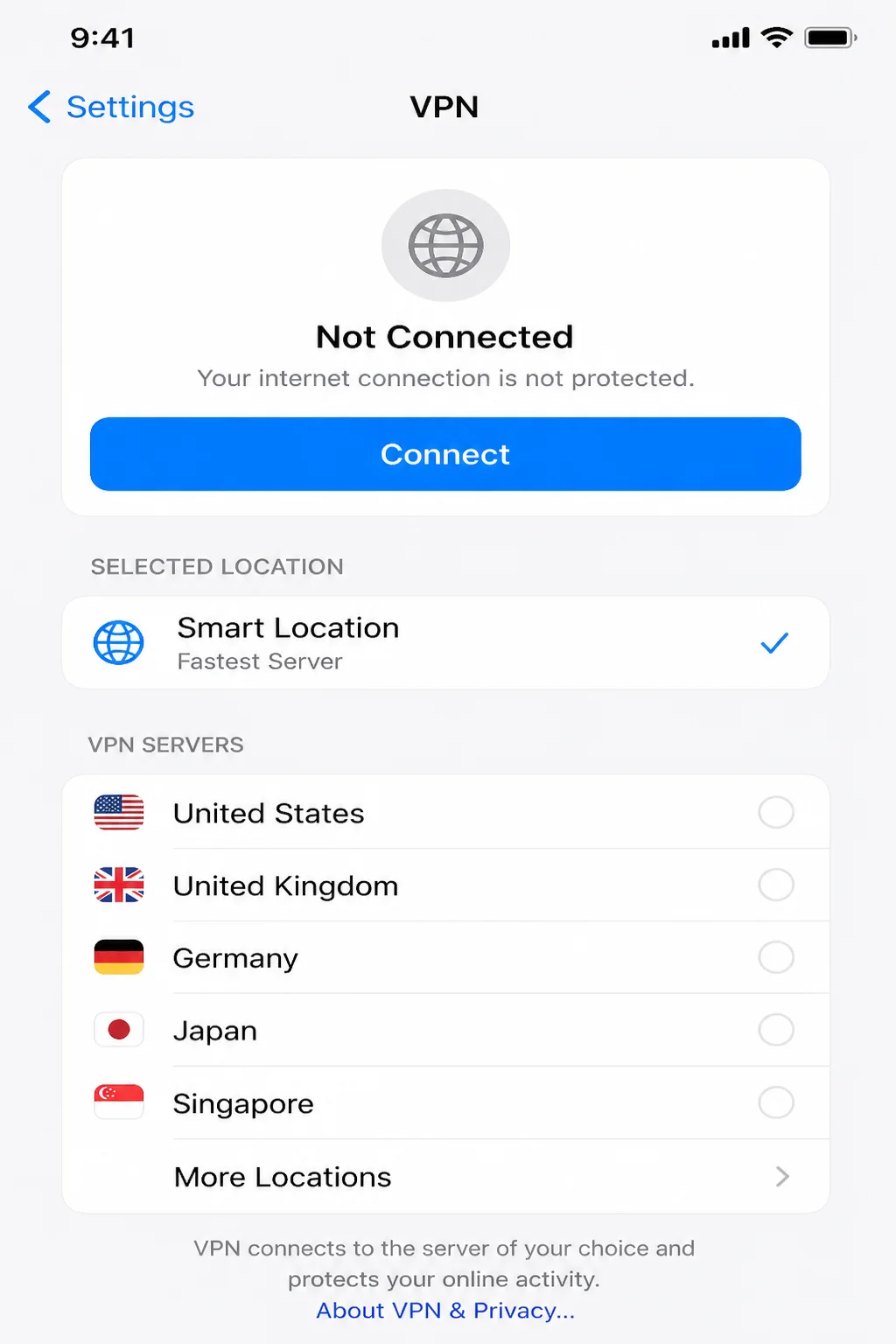 VPN provider app’s stable main connection screen showing connection status, connect or disconnect control, and server selector if available, with account details and IP addresses hidden