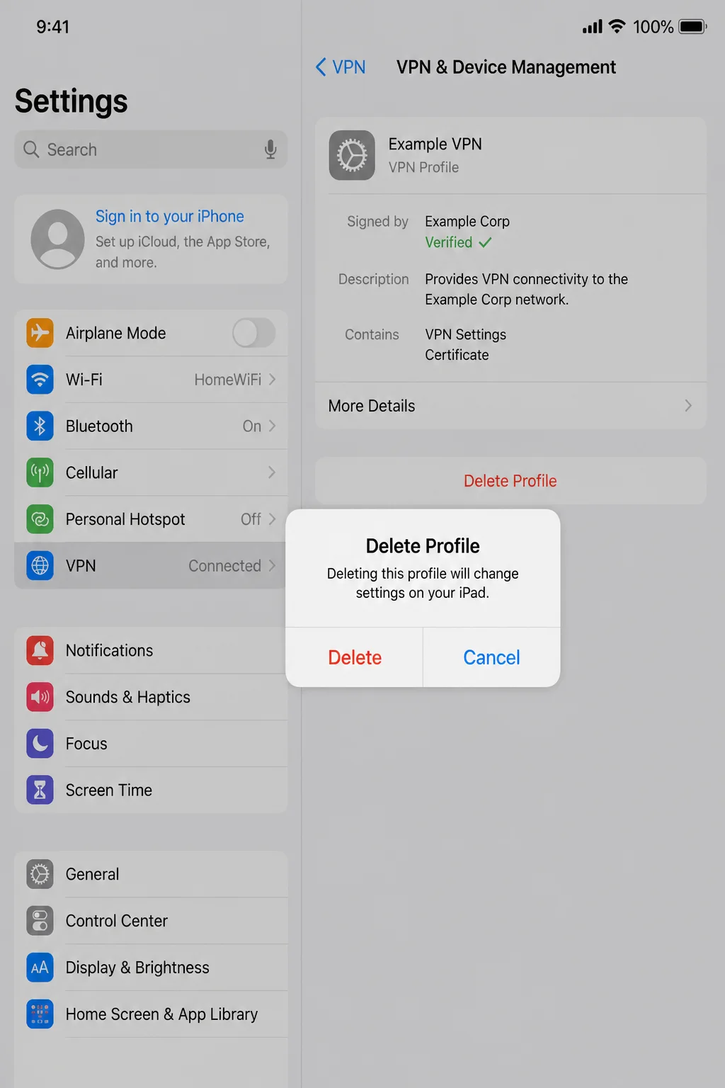 Details page for the confirmed consumer VPN profile showing its name and removal control before confirmation, with server addresses and account identifiers hidden