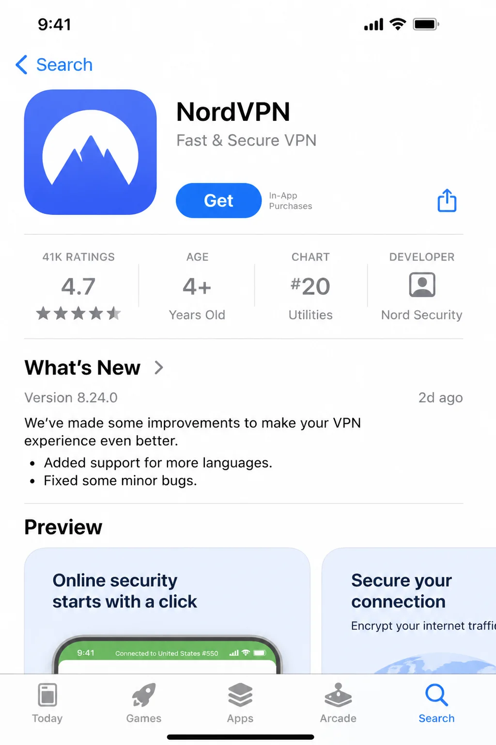 VPN provider’s App Store product page showing the area where Update or Open appears, without exposing account information