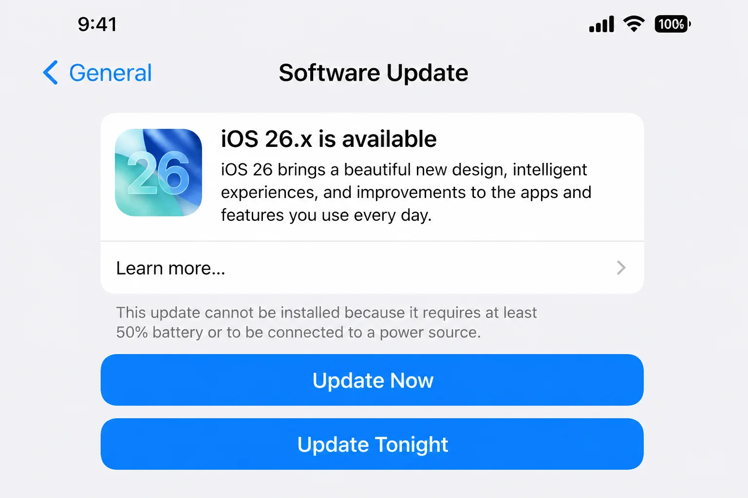 iOS Software Update screen showing update status or the available update control without claiming that a specific version is required