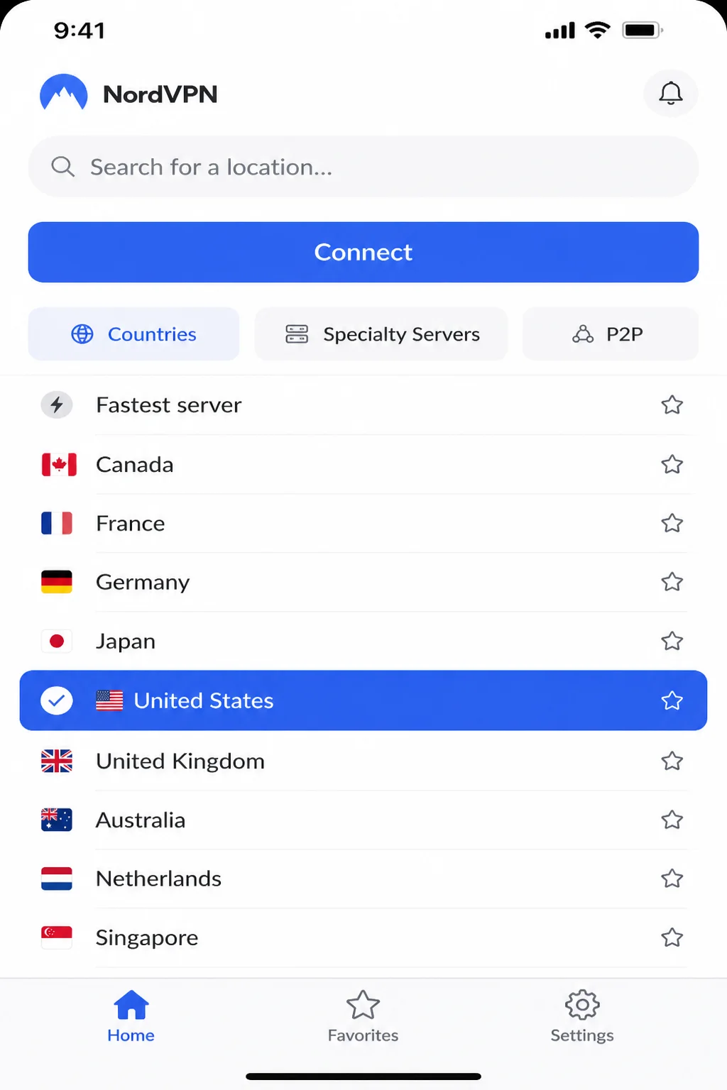 VPN provider app’s stable server list with a different server or location highlighted, without exposing account or connection-identifying details