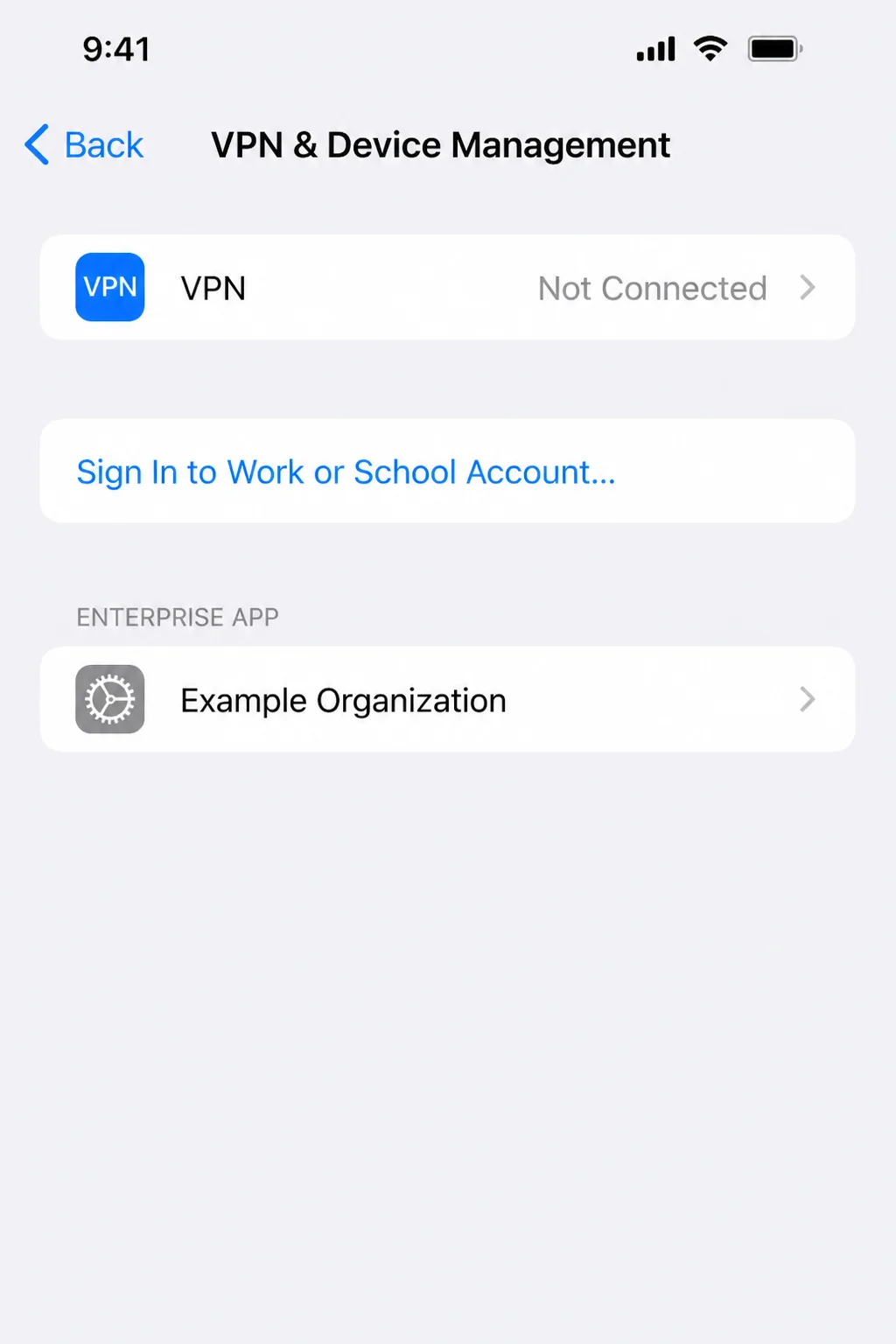 VPN and Device Management section on a managed test iPhone showing the presence of management configuration, with organization names, certificates, servers, and user details obscured