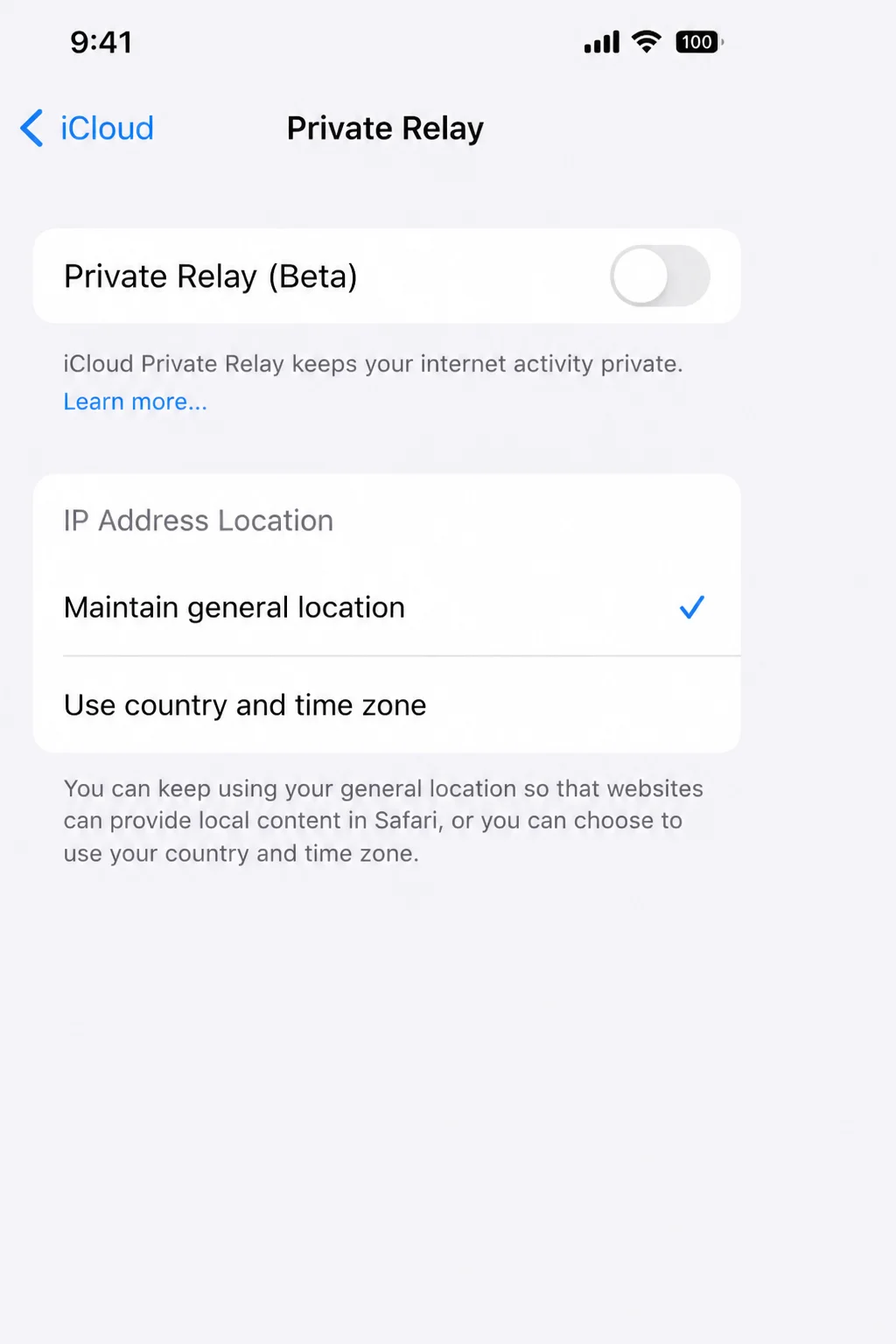 iCloud Private Relay settings section and relevant controls for a temporary conflict test, without assuming whether the feature is currently on or off