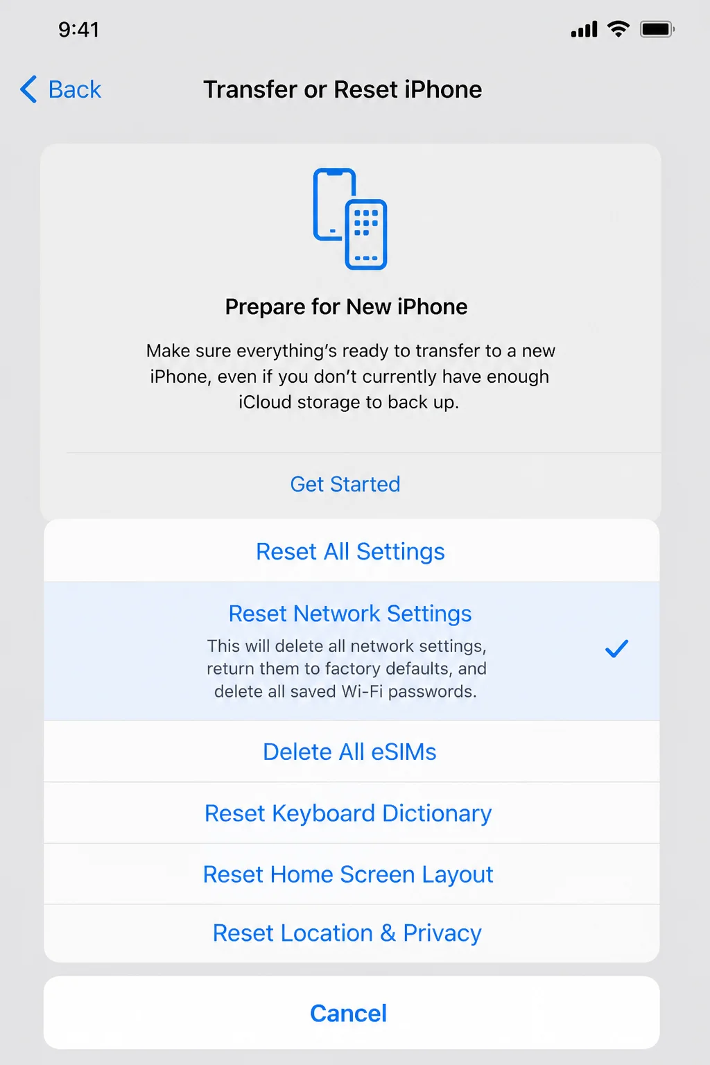 iOS Reset menu showing Reset Network Settings before confirmation, with a warning that saved Wi-Fi passwords will be erased