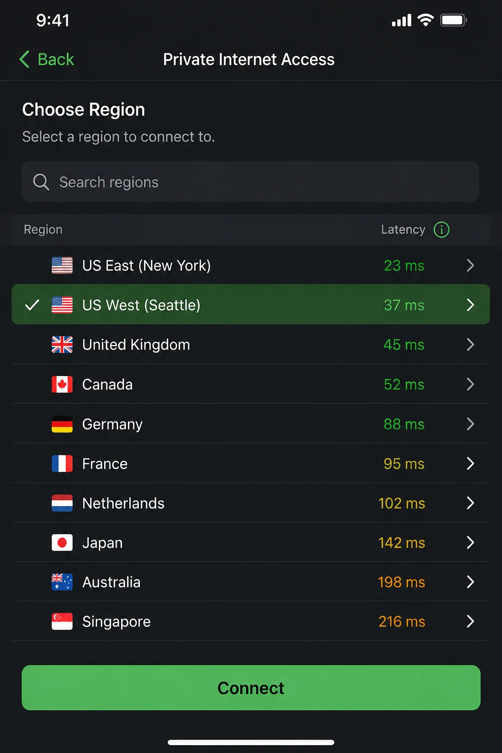 Stable VPN server-selection list showing how to select an alternative location, with a note that layouts differ by provider