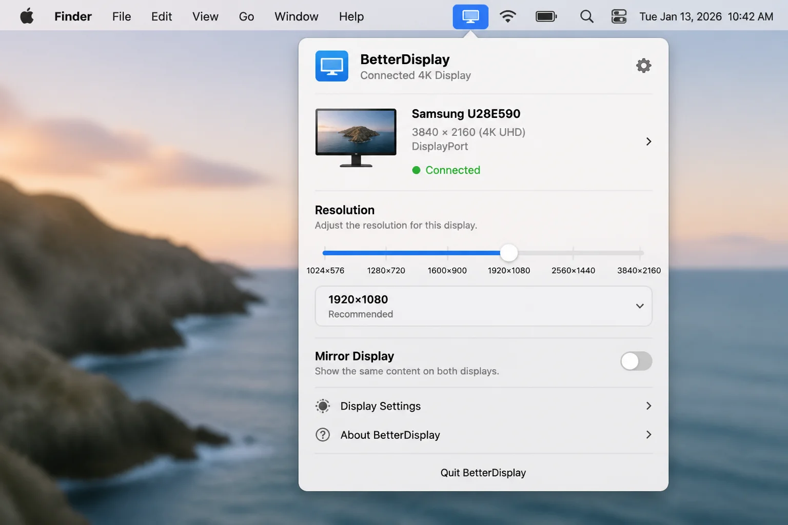 Stable BetterDisplay menu-bar panel showing the connected 4K monitor selector and resolution control