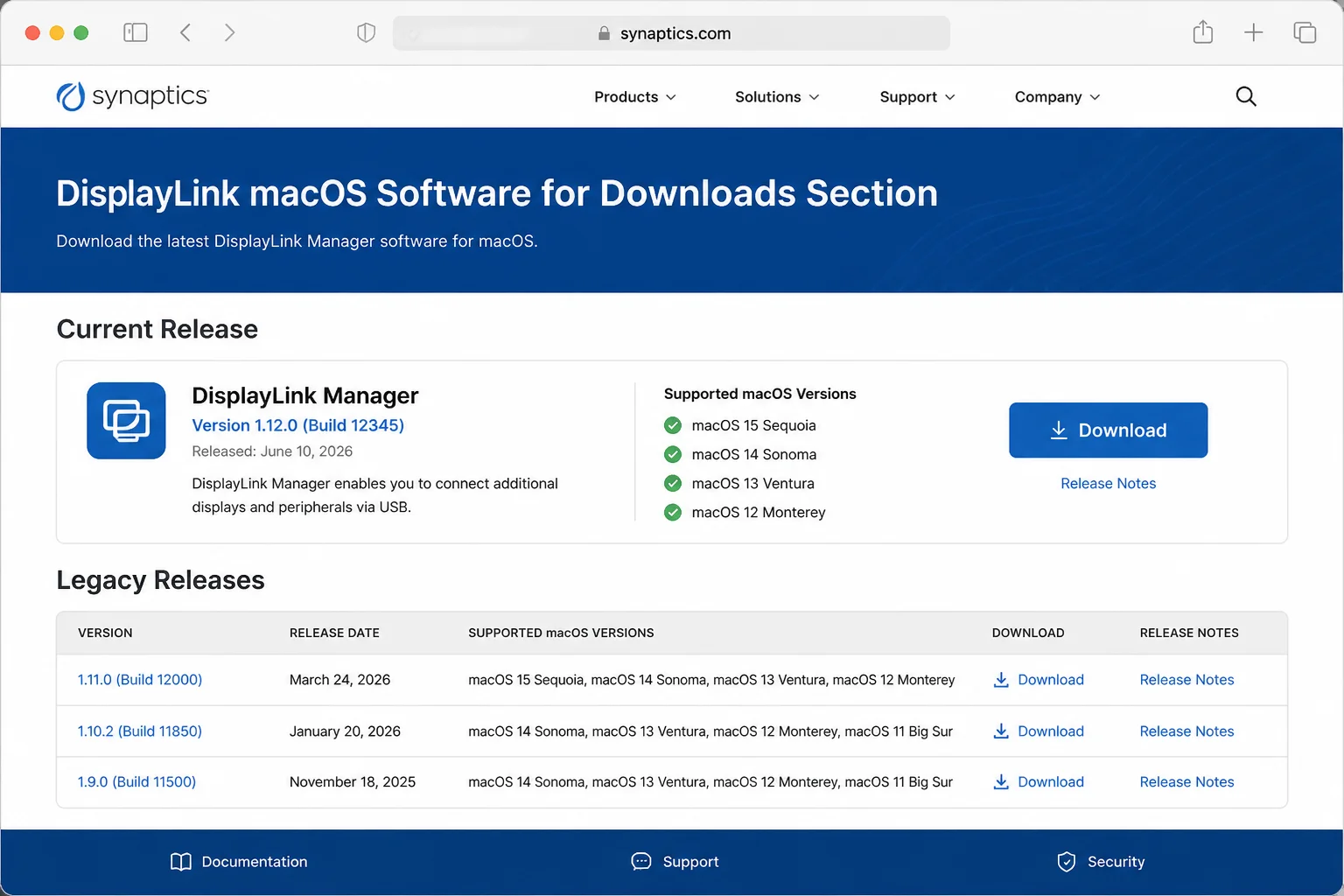 Official Synaptics macOS downloads page showing the current DisplayLink Manager release and supported macOS versions