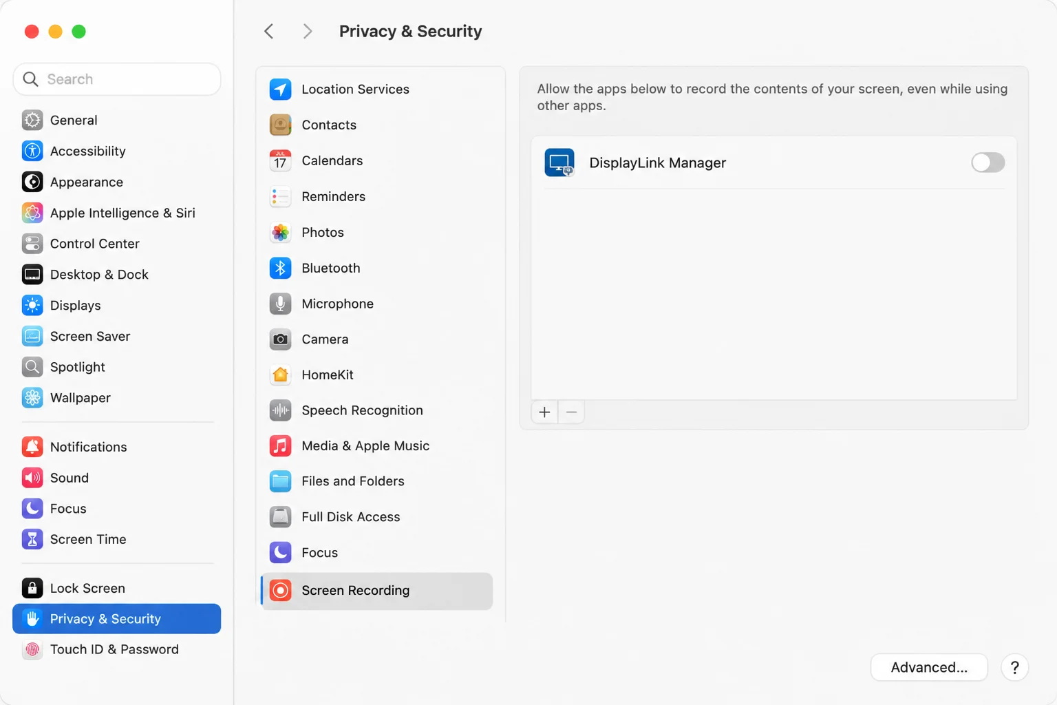 System Settings Privacy and Security Screen Recording section with the DisplayLink Manager entry visible without assuming its toggle state