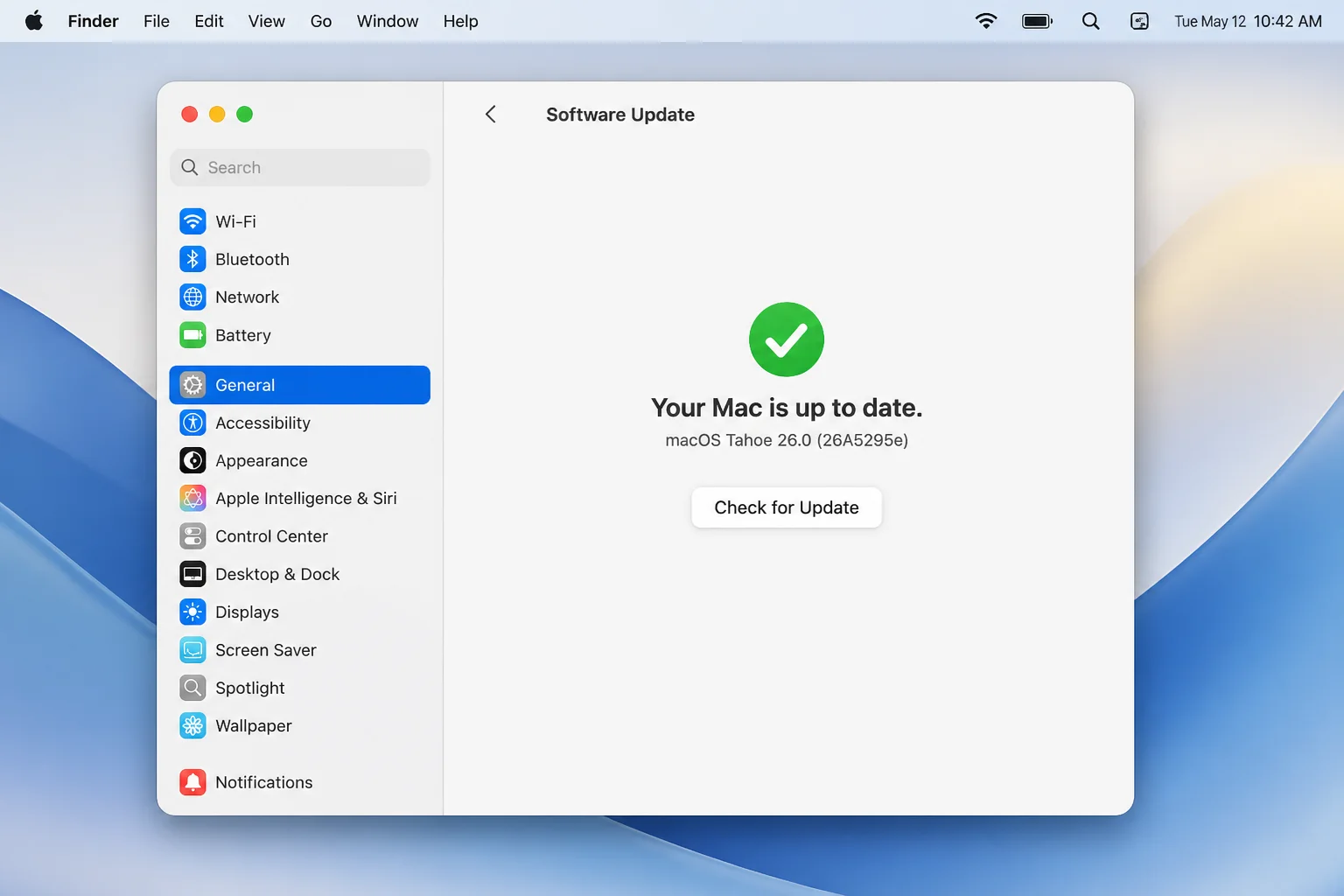 System Settings General Software Update showing the installed macOS version and update-check area