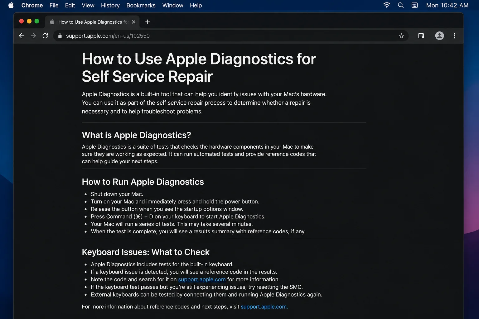 Apple's public Mac troubleshooting and diagnostics guidance showing the external-keyboard, diagnostic, and service recommendations