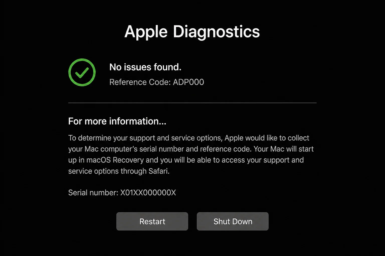 Apple Diagnostics results interface in a reproducible state without displaying a transient or device-specific failure code
