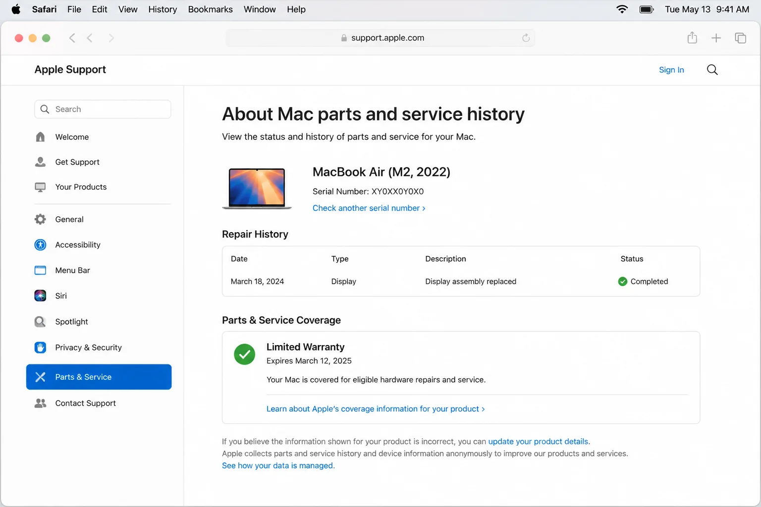 Apple's public Mac laptop repair page showing repair information, coverage caveats, and the model-dependent estimate process