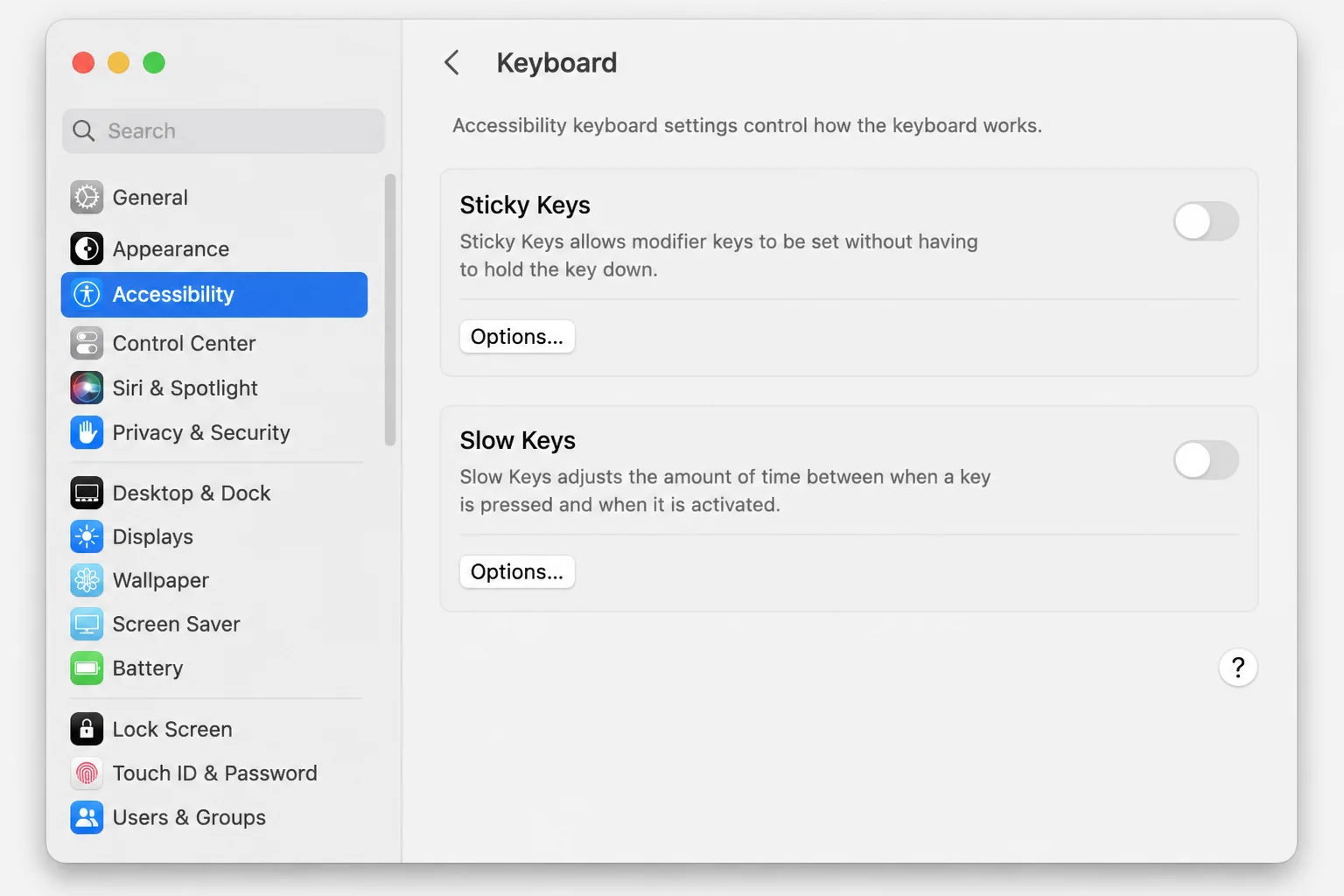 Current Accessibility Keyboard panel showing the Slow Keys and Sticky Keys controls without assuming either toggle is enabled