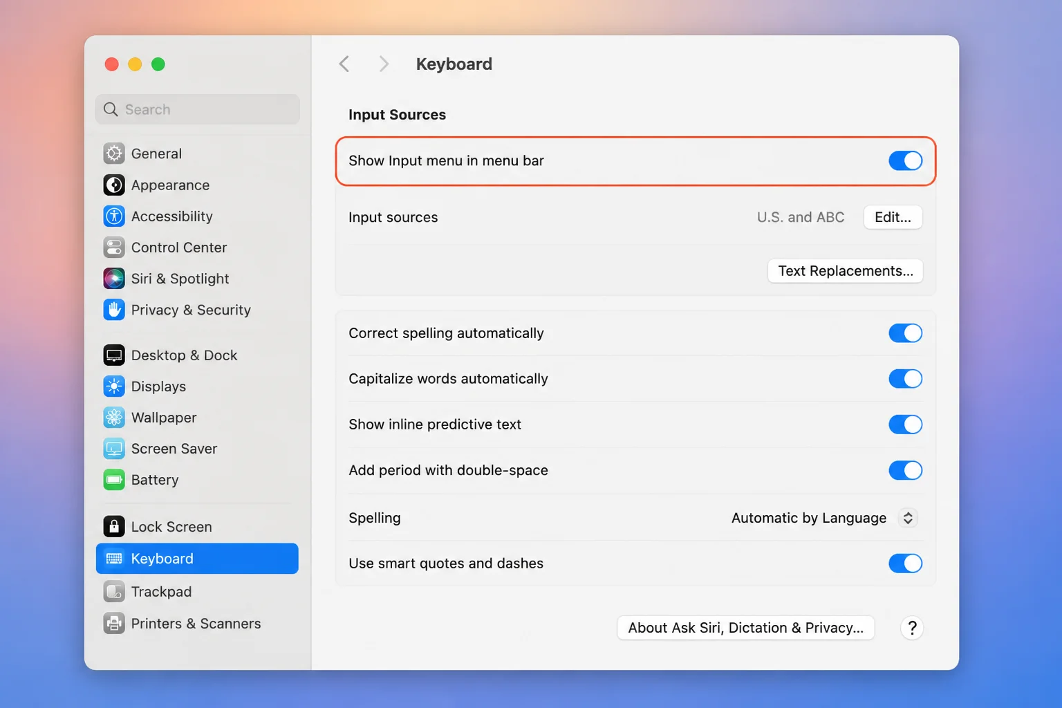 Current Text Input settings showing Edit, the input-source list, and Show Input menu in menu bar