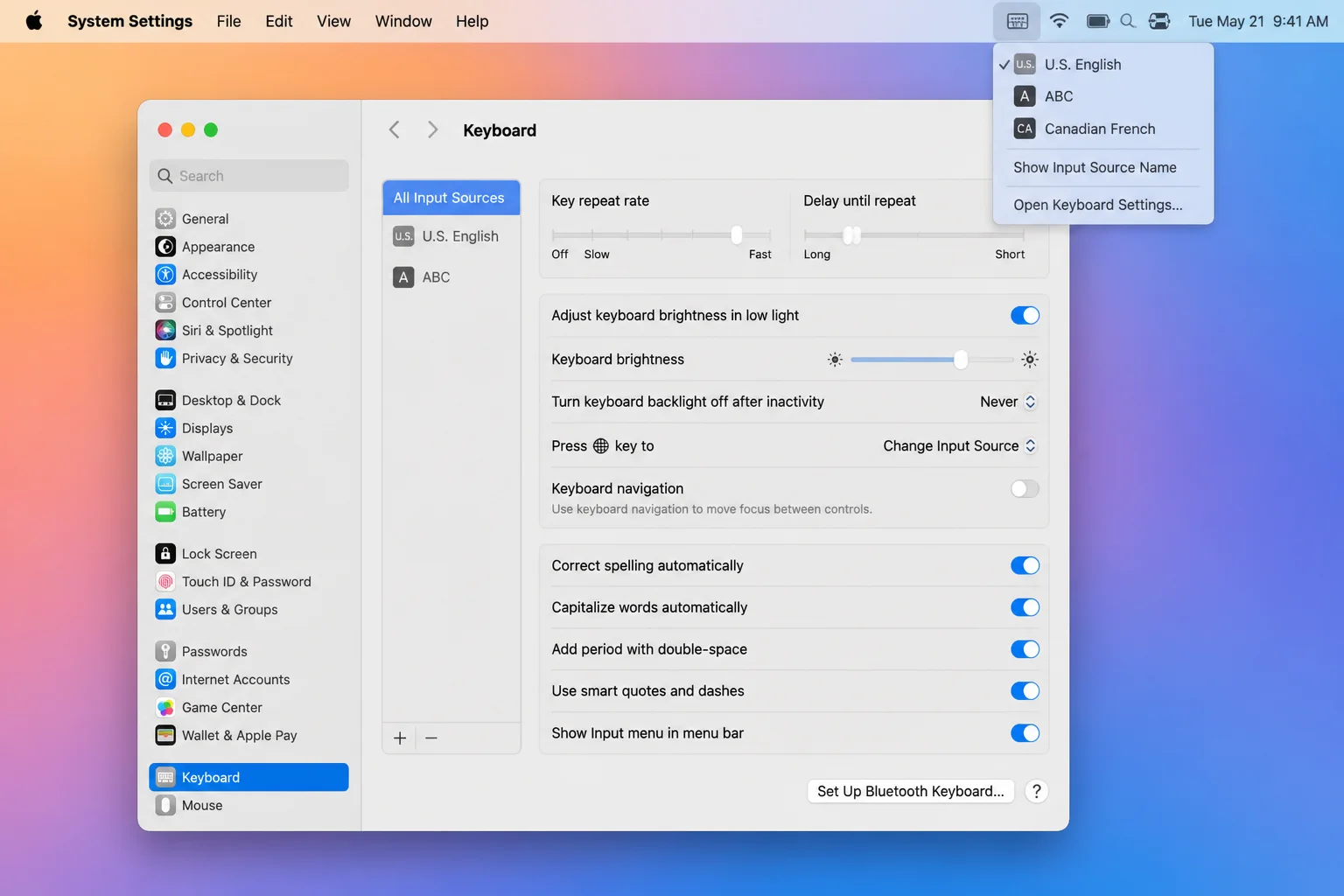 The macOS menu-bar Input menu showing the selected keyboard layout and other available layouts
