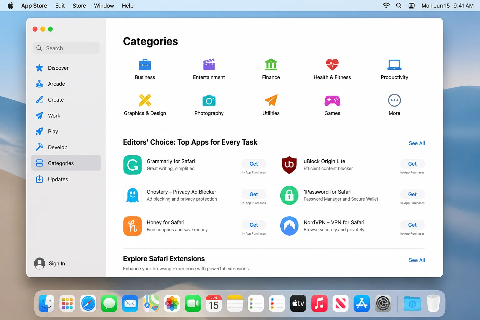 Mac App Store Safari Extensions category with featured extensions, top charts, and Get buttons visible