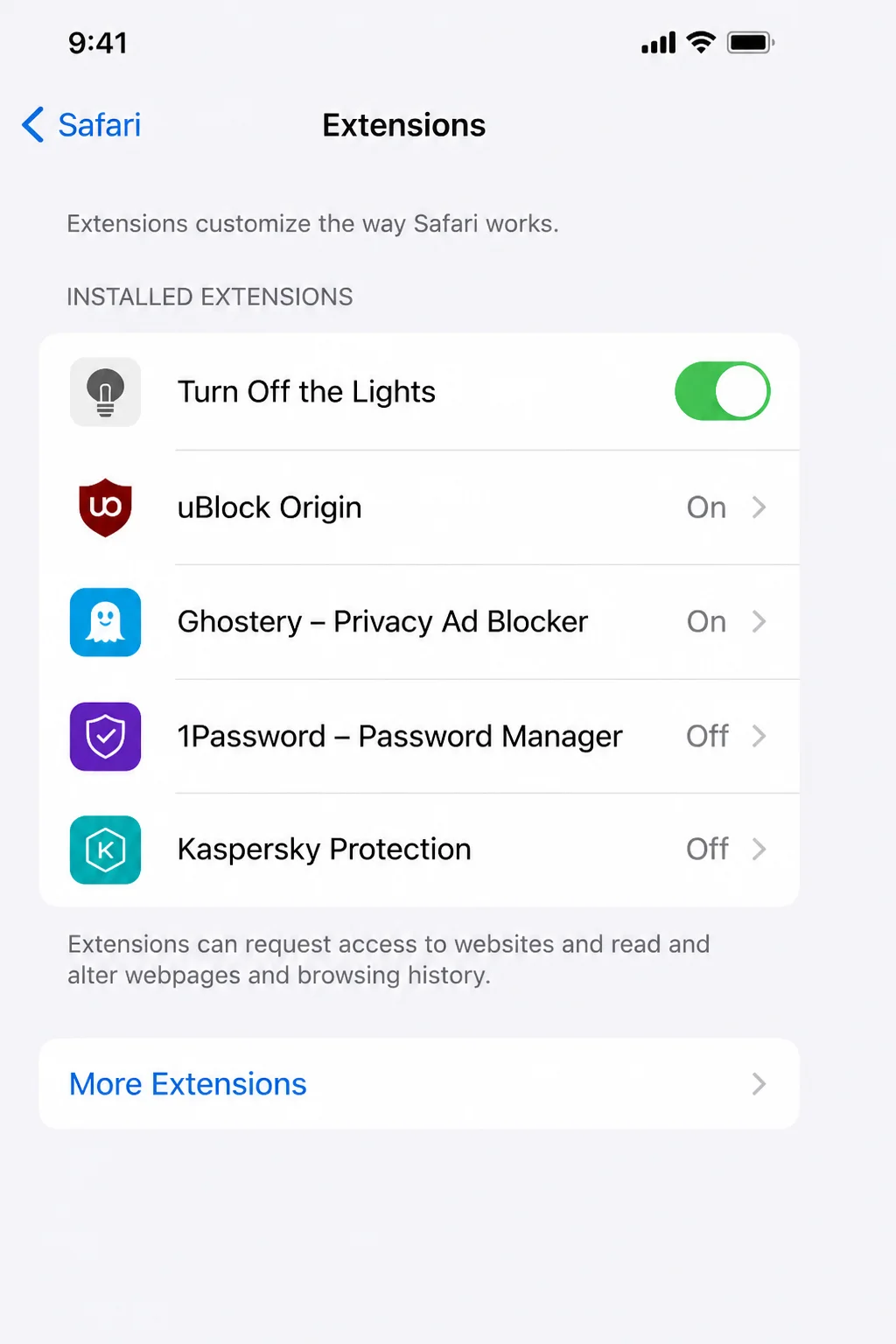 Settings > Safari > Extensions with More Extensions visible and an installed Safari extension enabled