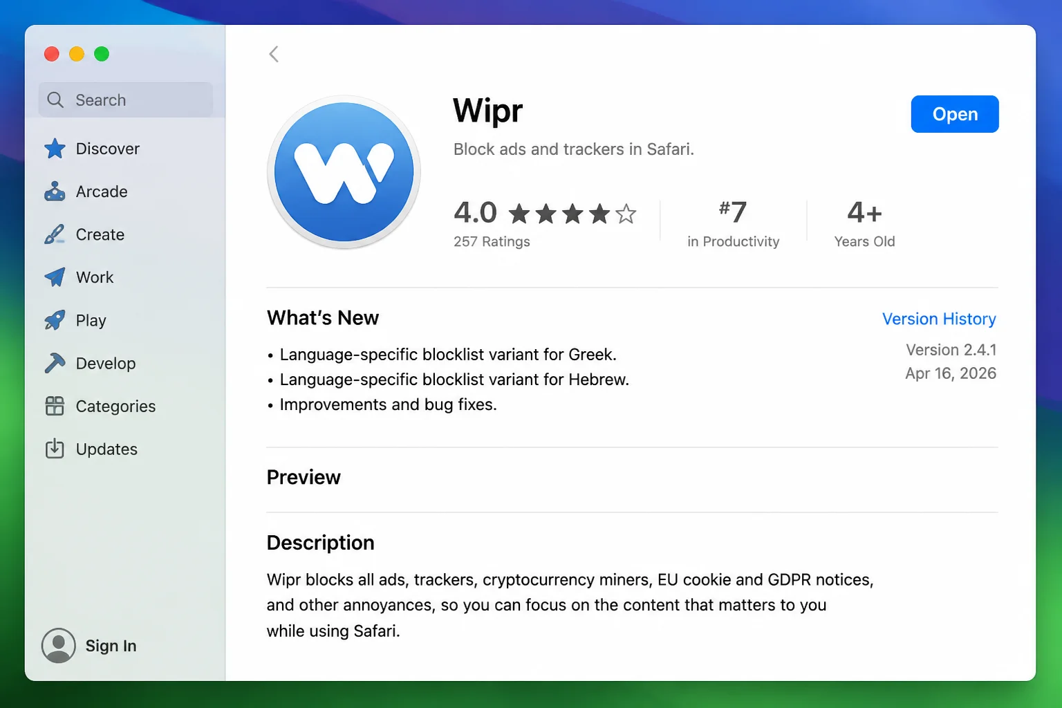 Mac App Store listing for Wipr showing its Safari content-blocking description, supported devices, and current price