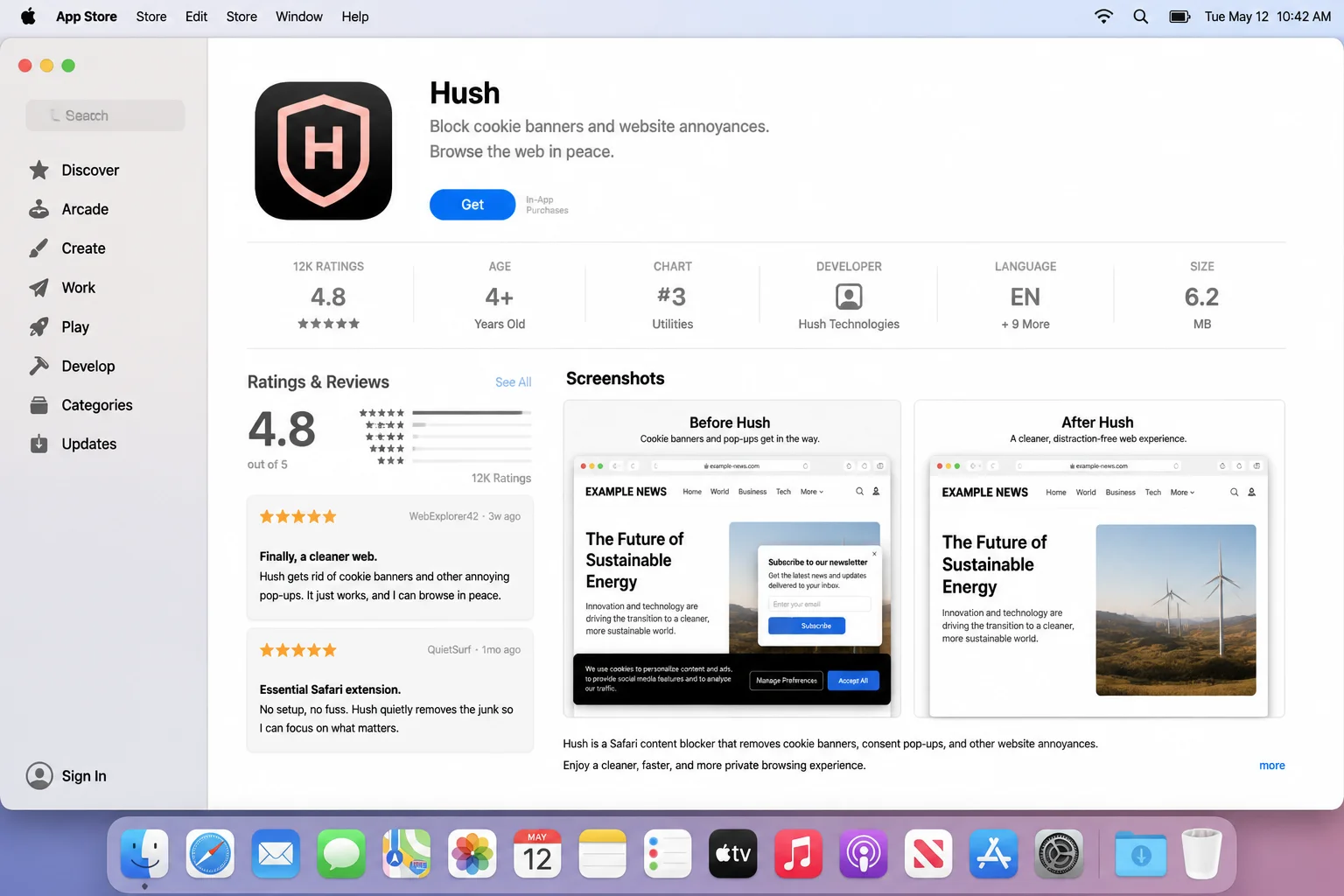Mac App Store listing for Hush showing its cookie banner and website annoyance blocking features