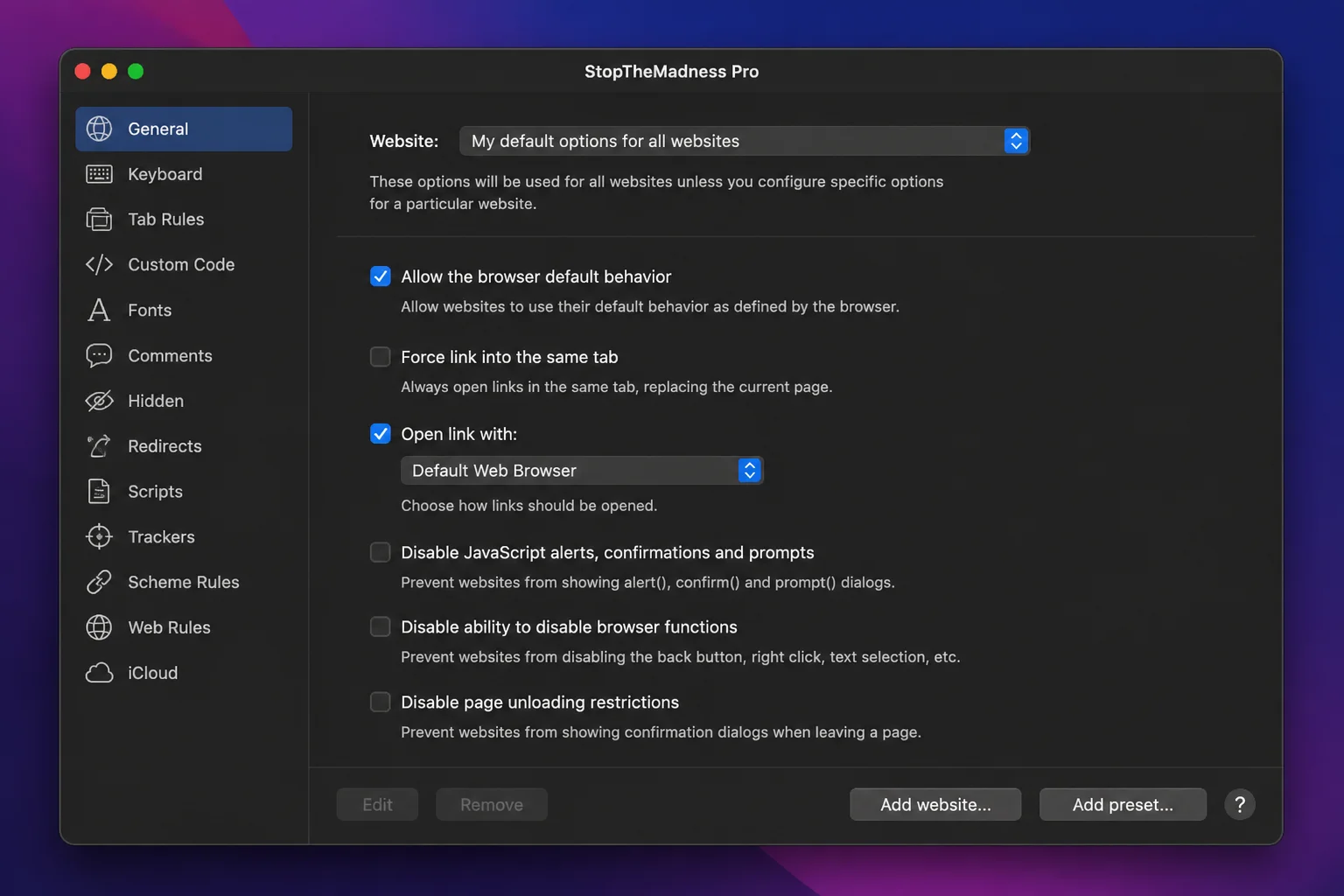 Mac App Store listing for StopTheMadness Pro showing its controls for preventing websites from disabling browser functions