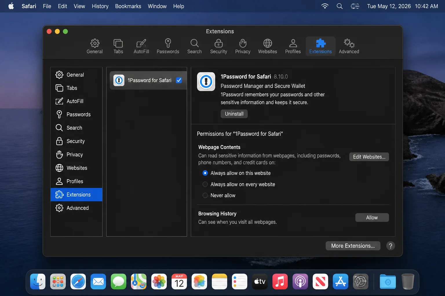 Safari > Settings > Extensions with 1Password for Safari enabled and its website access controls visible