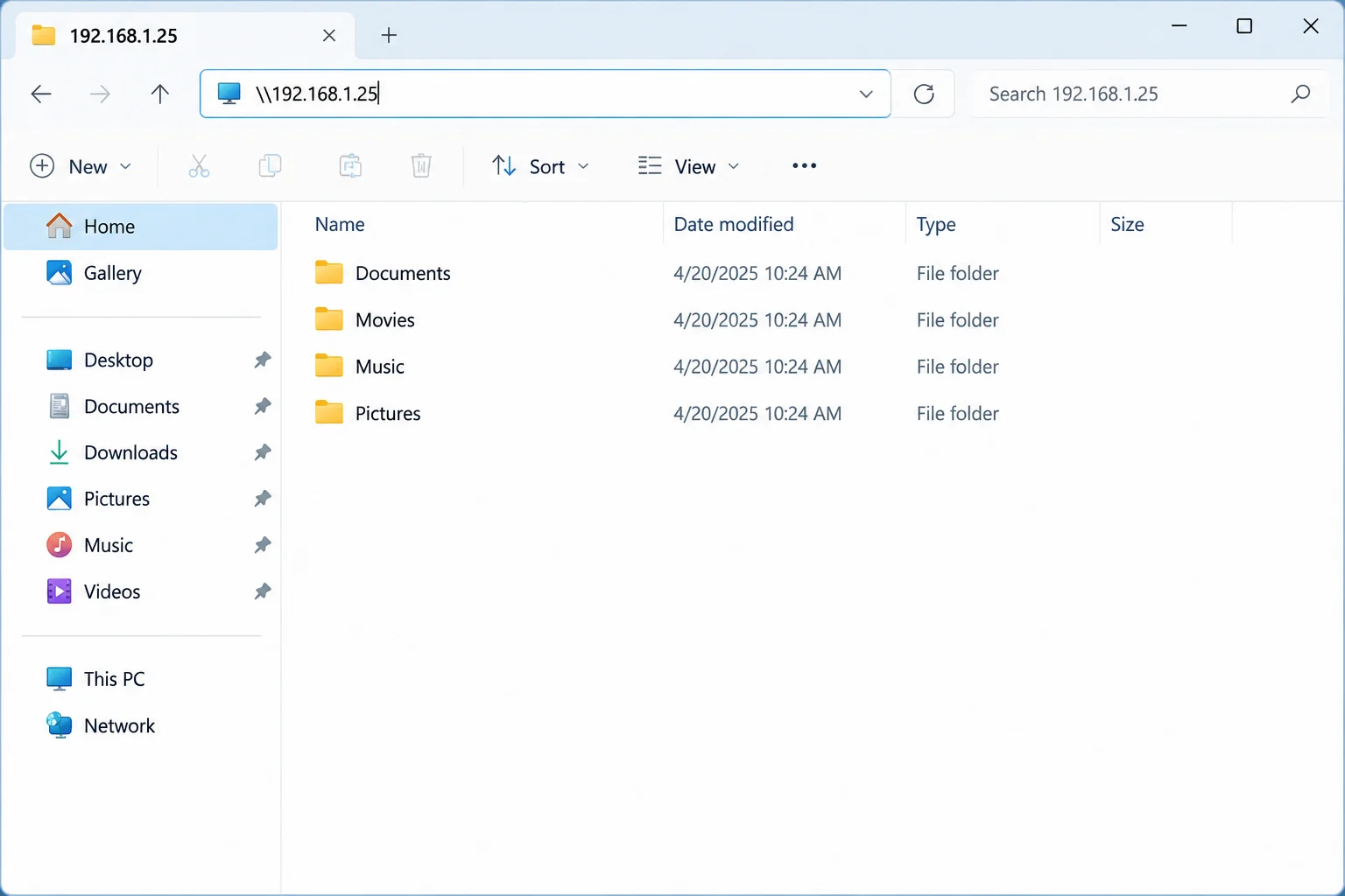 Windows File Explorer with a network path like \\192.168.1.25 typed into the address bar, used to connect to a Mac's shared folder